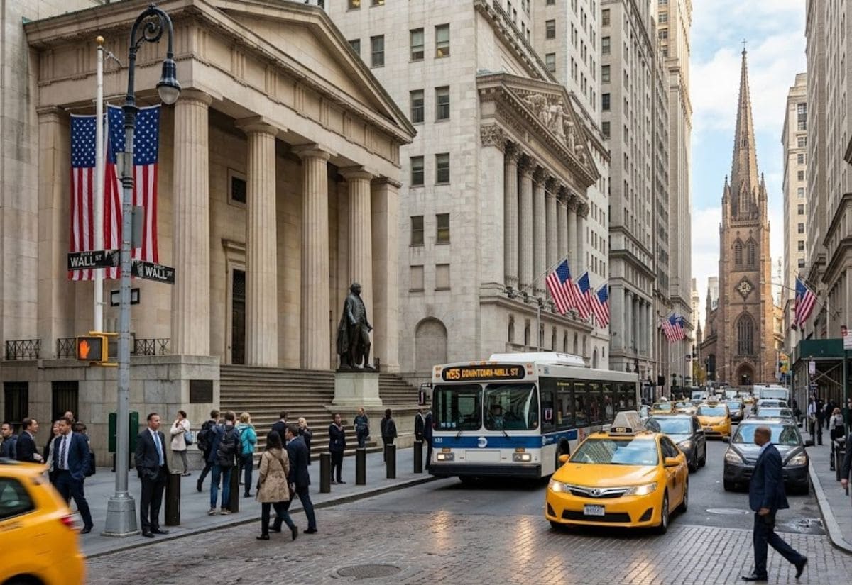 Toàn cảnh Phố Wall với tòa nhà Sở Giao dịch Chứng khoán New York